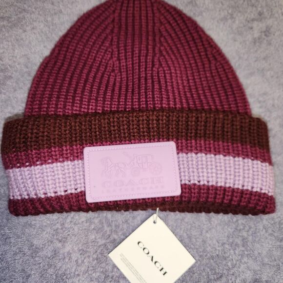 Coach Women\'s Burgundy and Pink Beanie